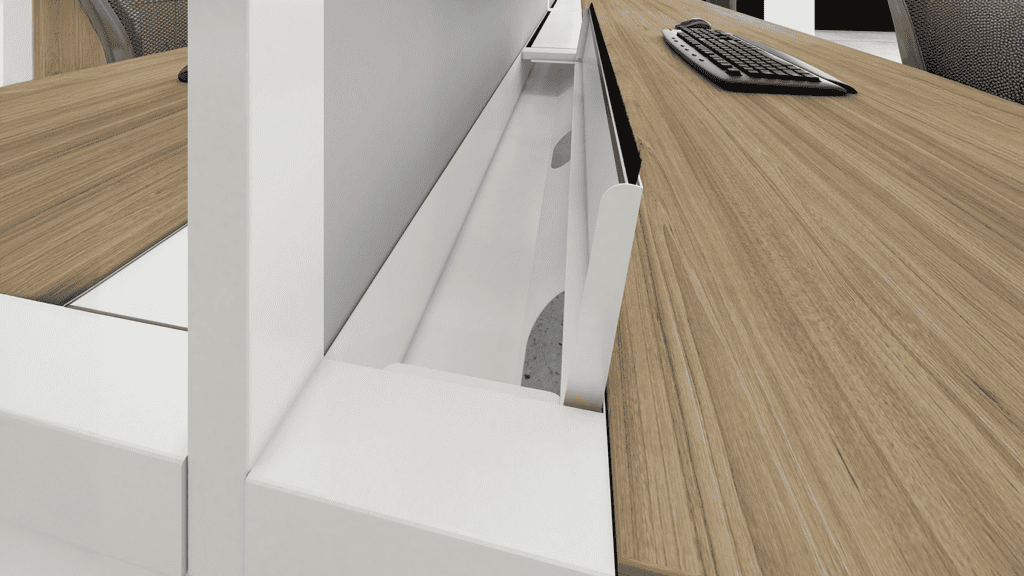 Sienna Evolution Bench Desk showcasing a sleek design with hidden leads and plug sockets for organised Modern IT Suites.